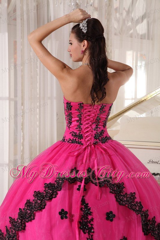 Hot Pink Sleeveless Strapless Lace Appliques Quinceanera Dress