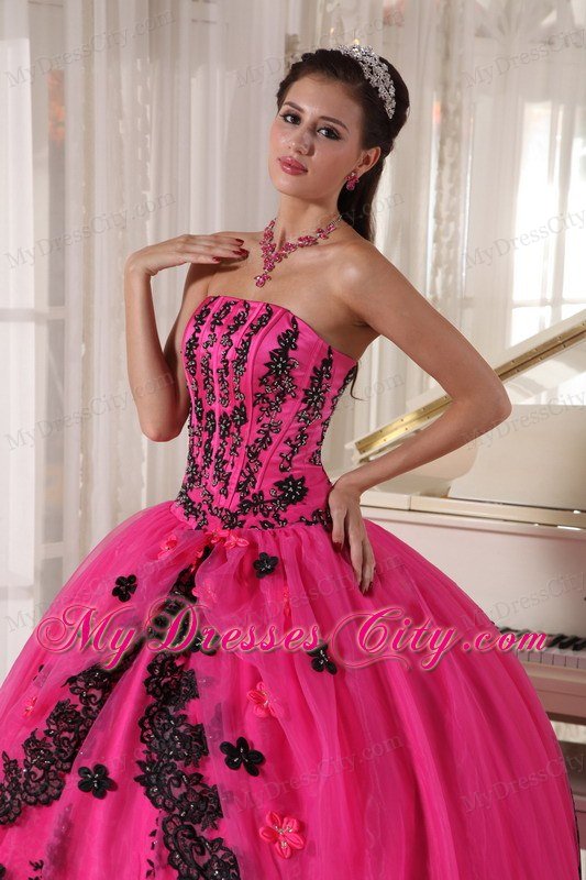 Hot Pink Sleeveless Strapless Lace Appliques Quinceanera Dress