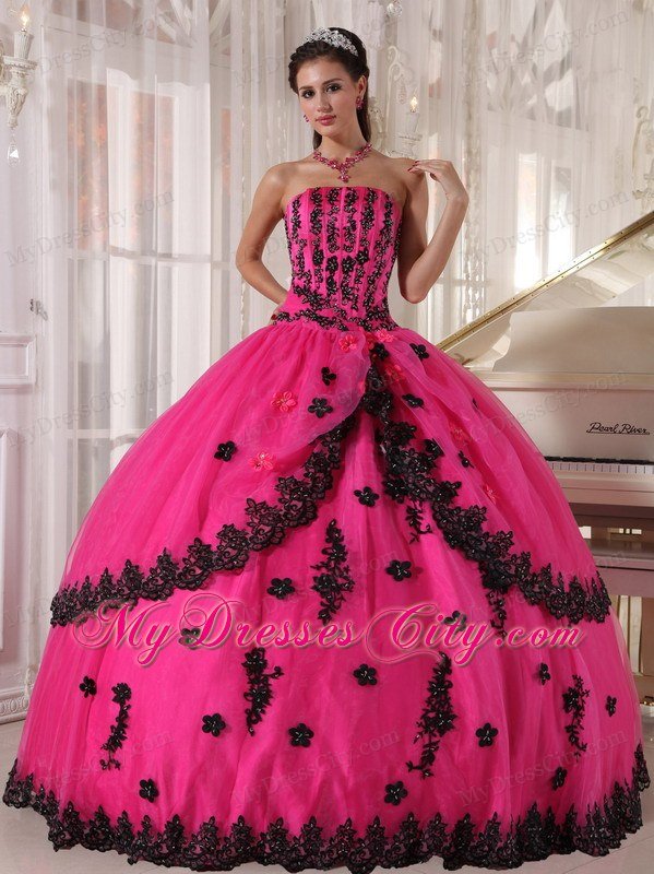 Hot Pink Sleeveless Strapless Lace Appliques Quinceanera Dress