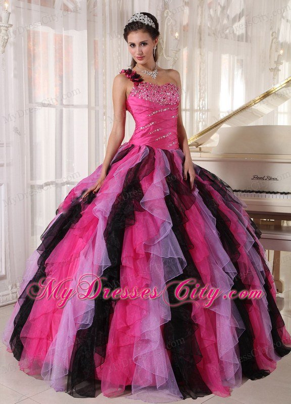 One Shoulder Flower Beading Ruffles Multi-colored Quinceanera Dress