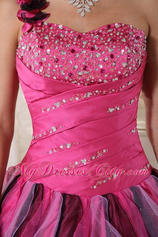 One Shoulder Flower Beading Ruffles Multi-colored Quinceanera Dress