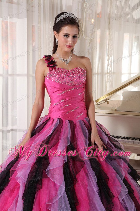 One Shoulder Flower Beading Ruffles Multi-colored Quinceanera Dress