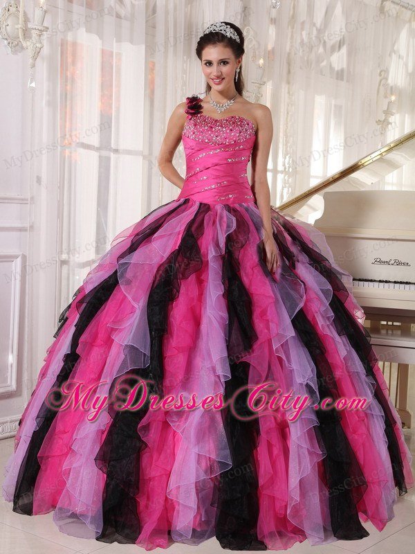 One Shoulder Flower Beading Ruffles Multi-colored Quinceanera Dress