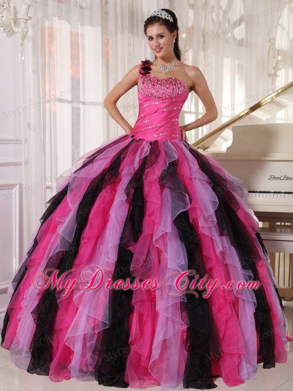 One Shoulder Flower Beading Ruffles Multi-colored Quinceanera Dress