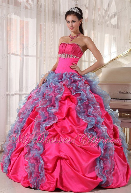 Hot Pink Ball Gown Beaded Strapless Quinceanera Dress with Ruffles