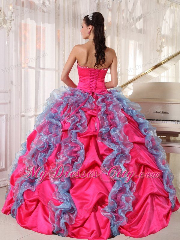 Hot Pink Ball Gown Beaded Strapless Quinceanera Dress with Ruffles