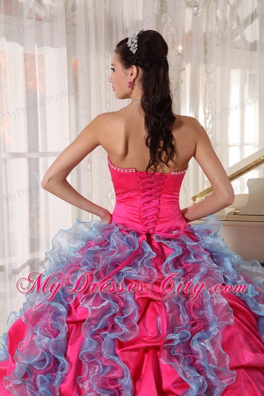 Hot Pink Ball Gown Beaded Strapless Quinceanera Dress with Ruffles