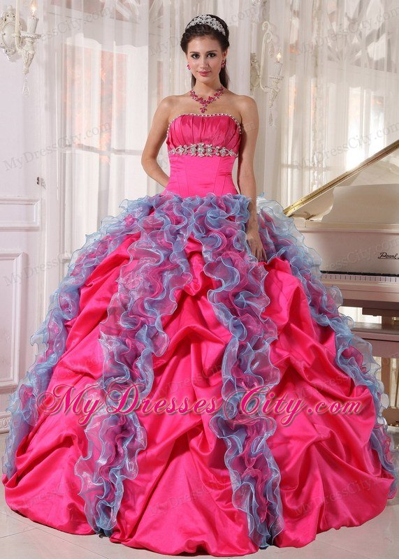 Hot Pink Ball Gown Beaded Strapless Quinceanera Dress with Ruffles