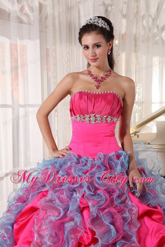 Hot Pink Ball Gown Beaded Strapless Quinceanera Dress with Ruffles