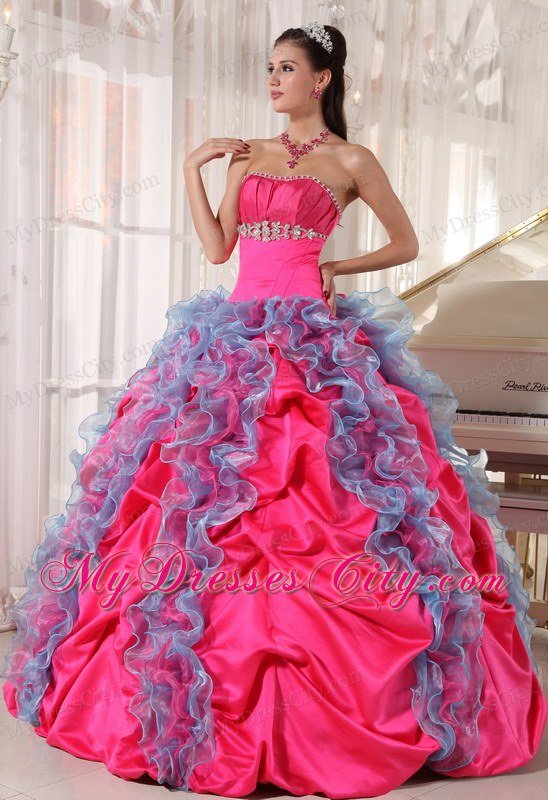 Hot Pink Ball Gown Beaded Strapless Quinceanera Dress with Ruffles