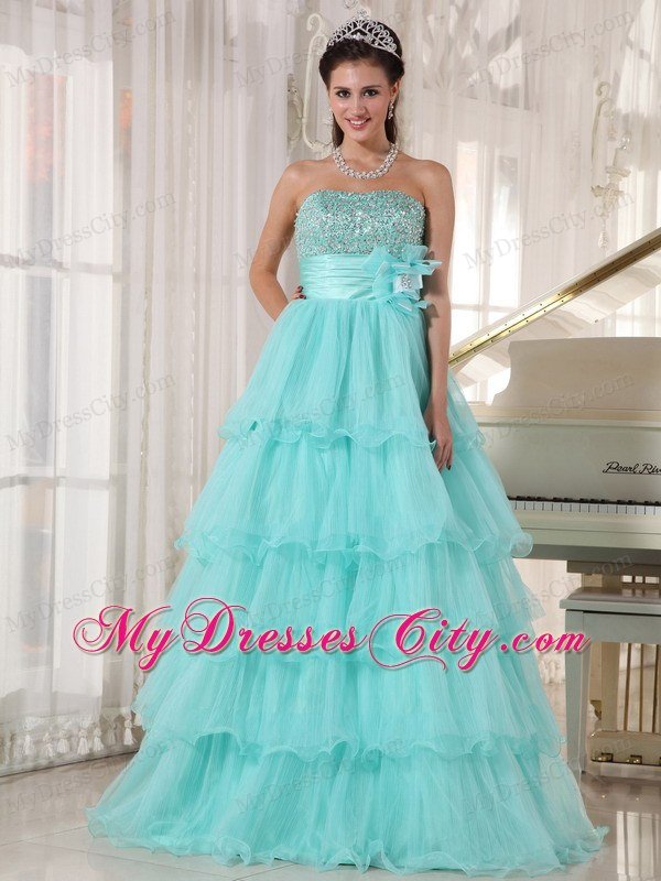 A-line Strapless Beading Tiered Apple Green Quinceanera Dresses