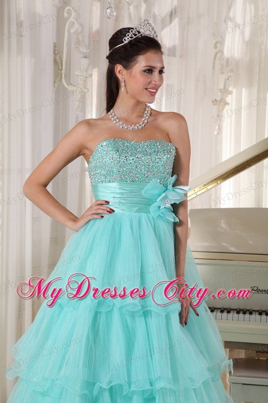 A-line Strapless Beading Tiered Apple Green Quinceanera Dresses