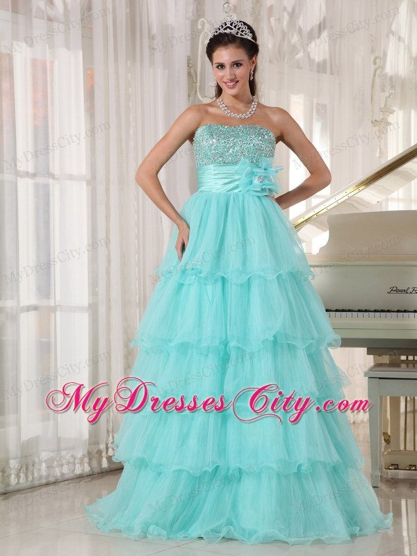 A-line Strapless Beading Tiered Apple Green Quinceanera Dresses