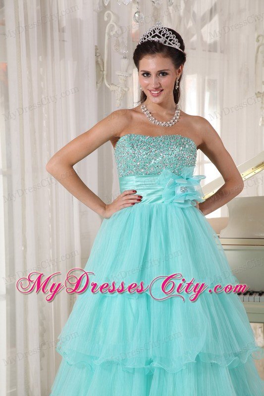 A-line Strapless Beading Tiered Apple Green Quinceanera Dresses