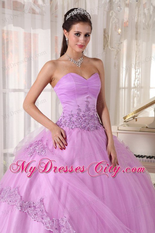 Hem With Lace Sweetheart Appliques Lavender Quinceanera Dress