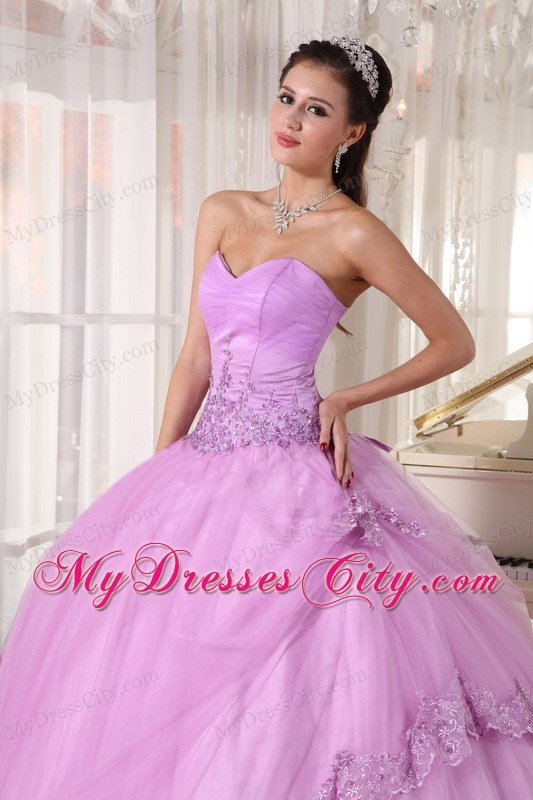 Hem With Lace Sweetheart Appliques Lavender Quinceanera Dress