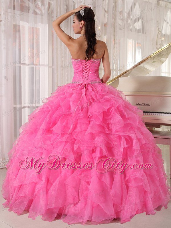 Beading Decorate Waist Hot Pink Ruffles Sleeveless Dress for Sweet 16