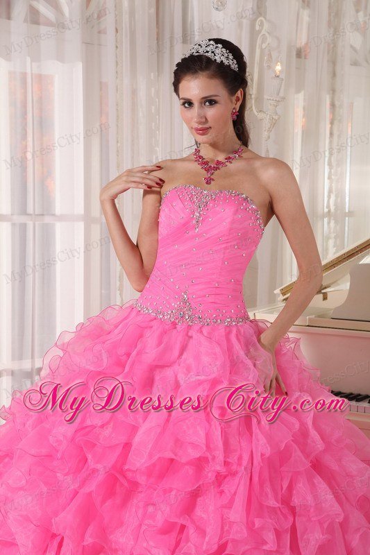 Beading Decorate Waist Hot Pink Ruffles Sleeveless Dress for Sweet 16