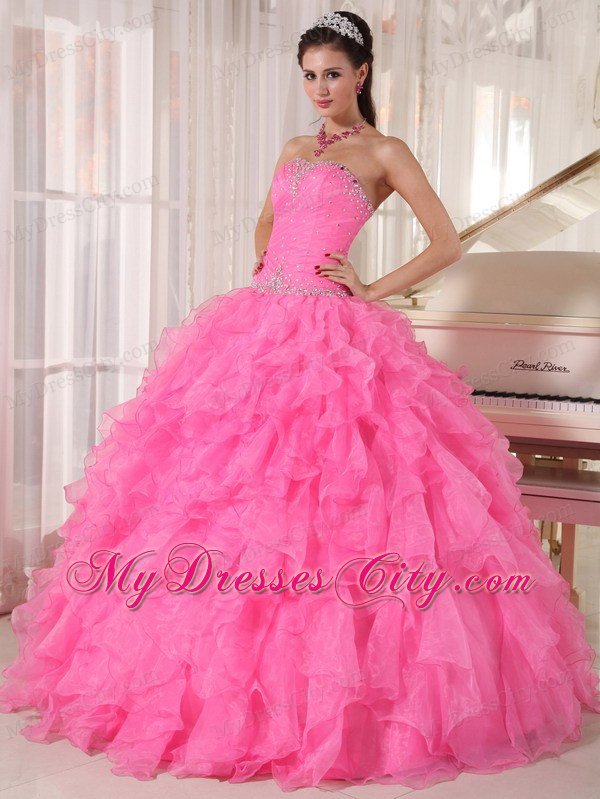 Beading Decorate Waist Hot Pink Ruffles Sleeveless Dress for Sweet 16