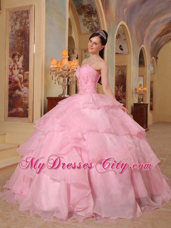 Pretty Sweetheart Beading Flower Ruffled Pink Sweet Sixteen Dresses