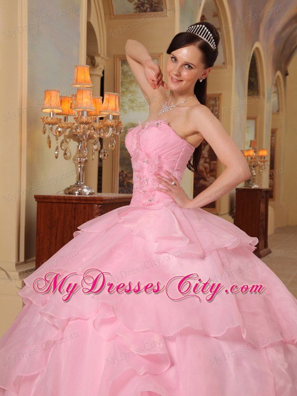 Pretty Sweetheart Beading Flower Ruffled Pink Sweet Sixteen Dresses