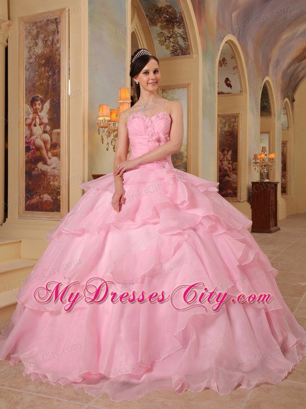 Pretty Sweetheart Beading Flower Ruffled Pink Sweet Sixteen Dresses