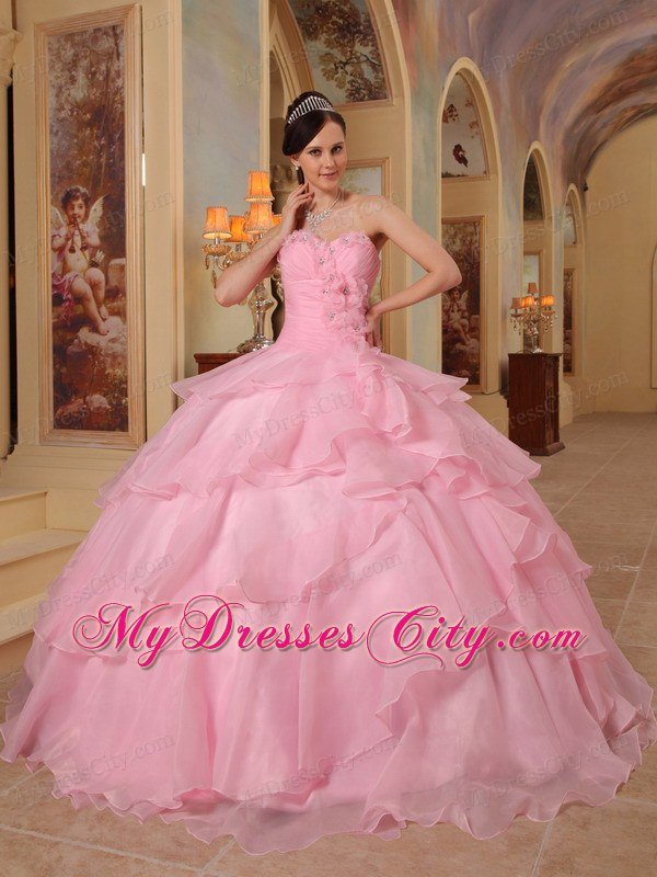 Pretty Sweetheart Beading Flower Ruffled Pink Sweet Sixteen Dresses