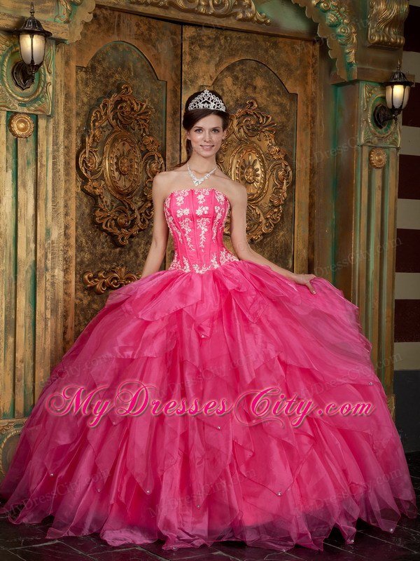 Gorgeous Puffy Strapless Appliques Ruffled Hot Pink Quinceanera Dress