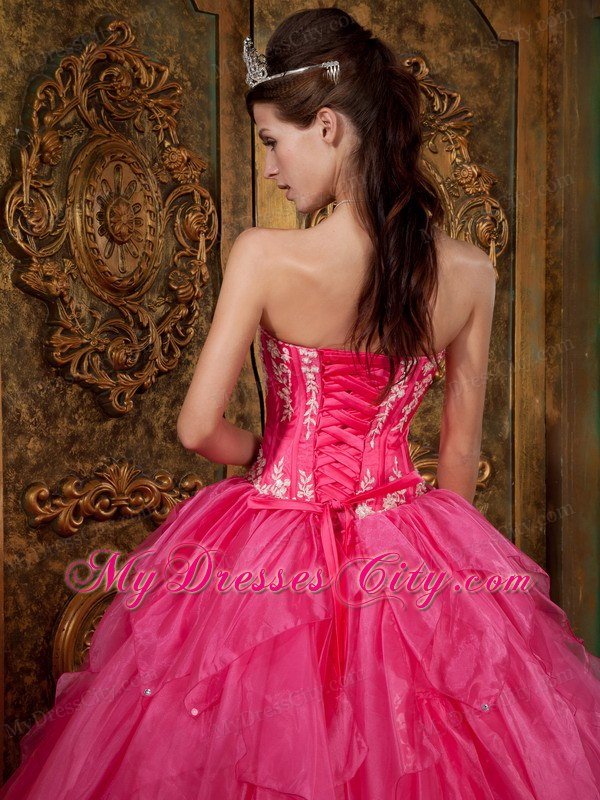 Gorgeous Puffy Strapless Appliques Ruffled Hot Pink Quinceanera Dress