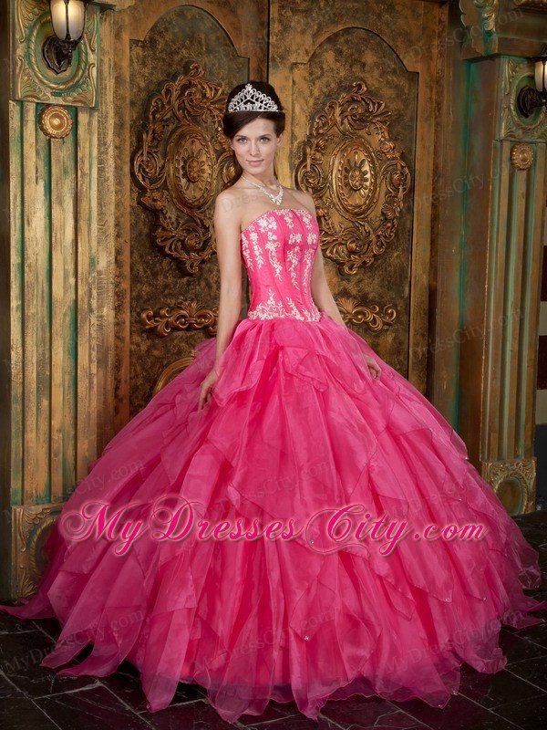 Gorgeous Puffy Strapless Appliques Ruffled Hot Pink Quinceanera Dress