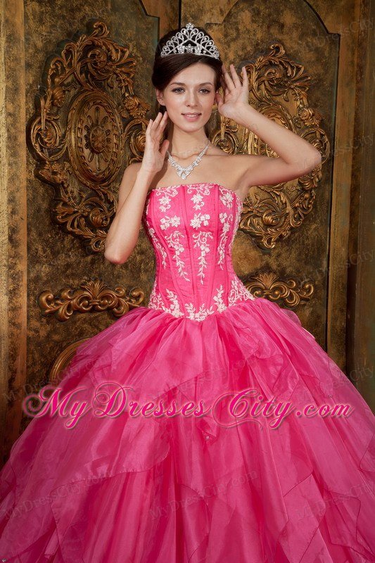 Gorgeous Puffy Strapless Appliques Ruffled Hot Pink Quinceanera Dress