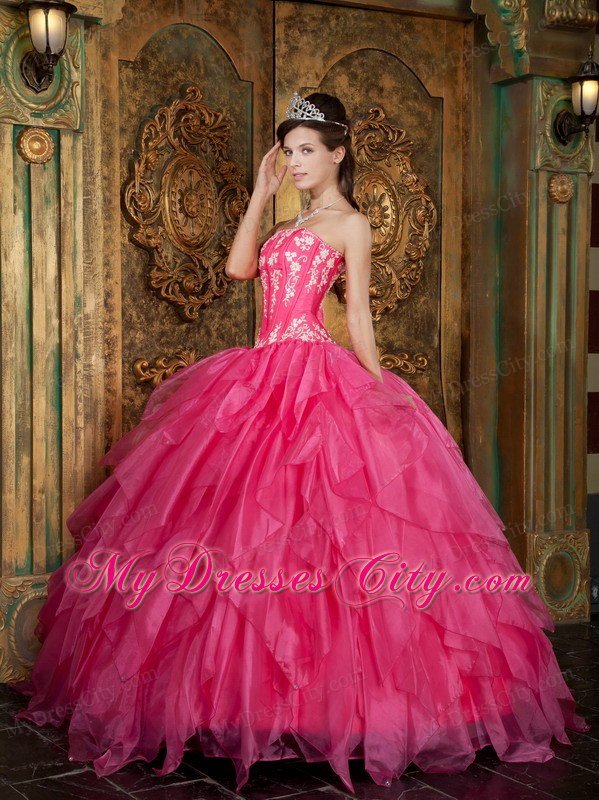 Gorgeous Puffy Strapless Appliques Ruffled Hot Pink Quinceanera Dress