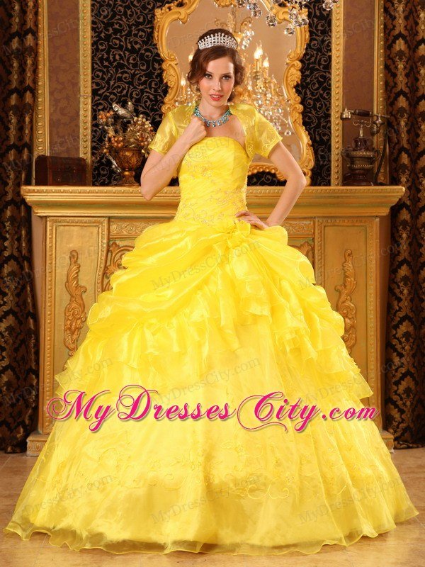 Strapless Appliques Pick Up Yellow Quinceanera Dress With Jacket