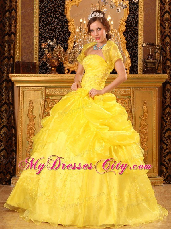 Strapless Appliques Pick Up Yellow Quinceanera Dress With Jacket