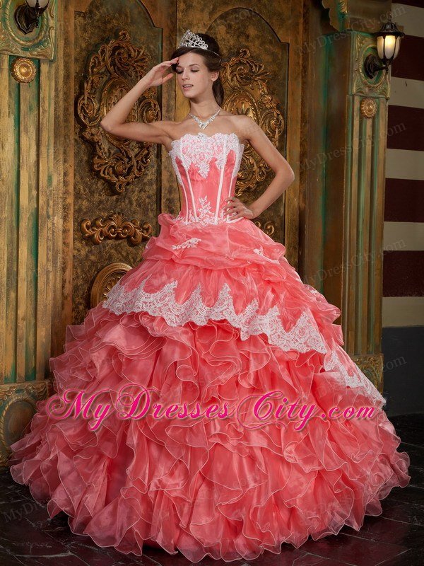 Watermelon Red Strapless Lace Ruffles Quinceanera Party Dress