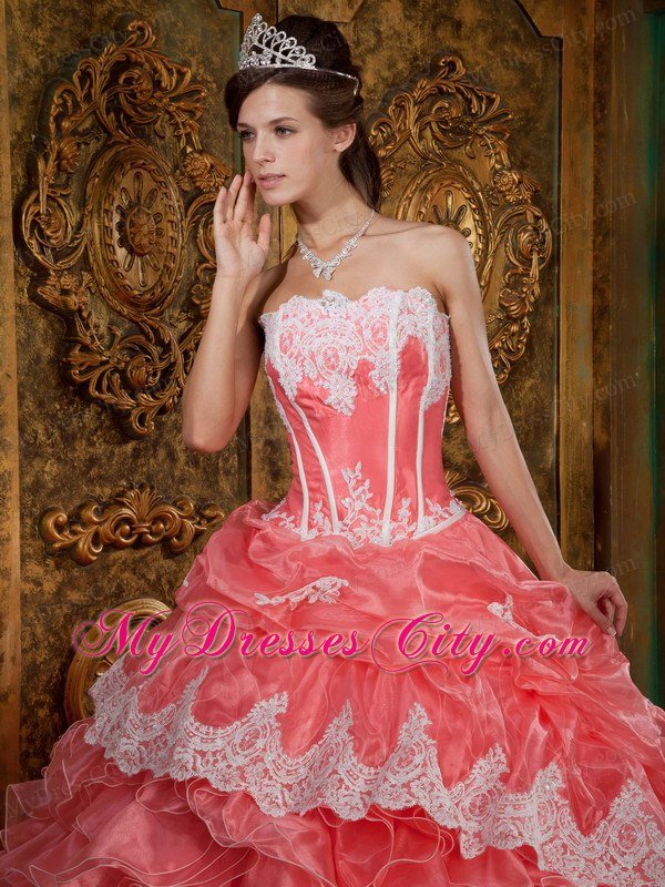 Watermelon Red Strapless Lace Ruffles Quinceanera Party Dress