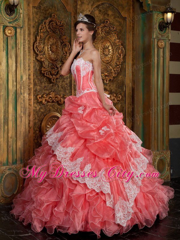 Watermelon Red Strapless Lace Ruffles Quinceanera Party Dress