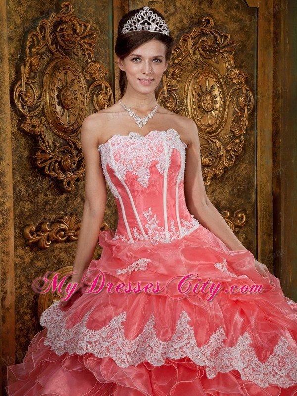 Watermelon Red Strapless Lace Ruffles Quinceanera Party Dress