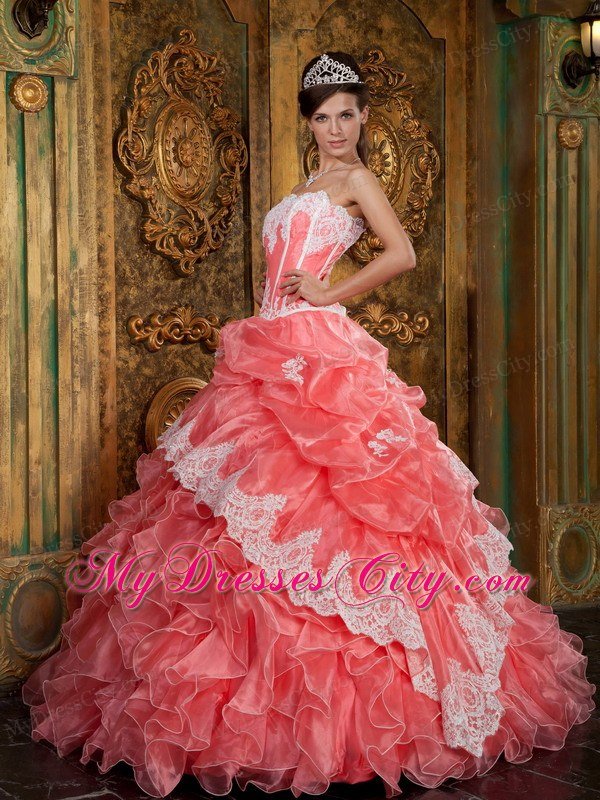 Watermelon Red Strapless Lace Ruffles Quinceanera Party Dress