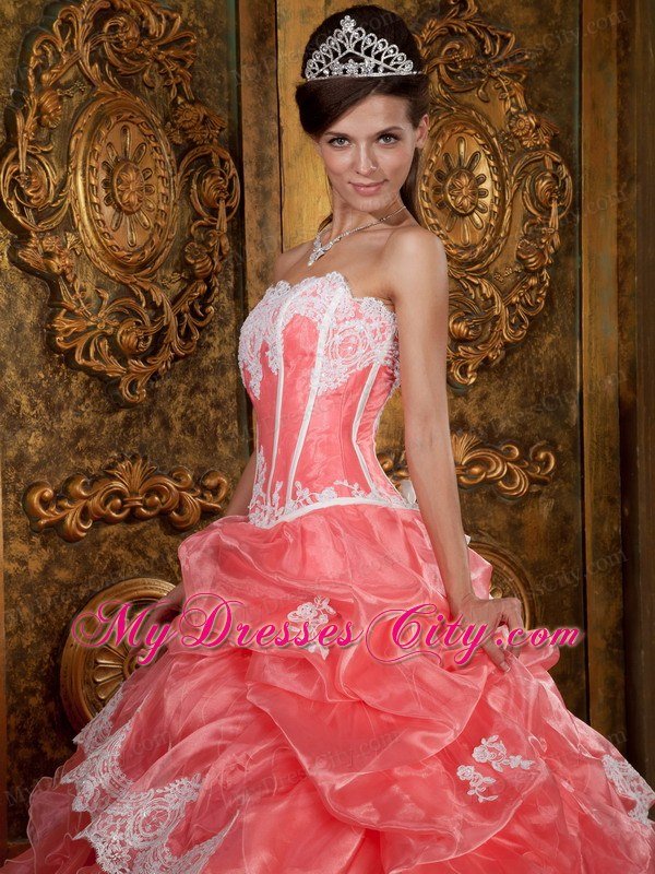 Watermelon Red Strapless Lace Ruffles Quinceanera Party Dress