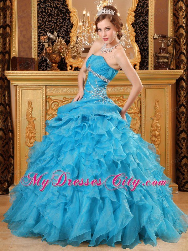 Teal Puffy Tie back Strapless Beading Ruffles Quinceanera Dresses