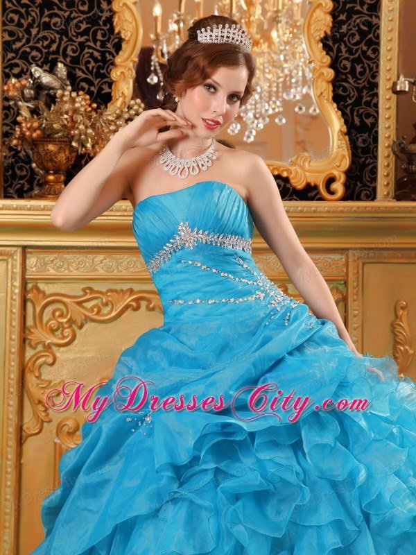 Teal Puffy Tie back Strapless Beading Ruffles Quinceanera Dresses