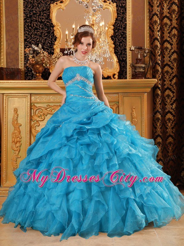 Teal Puffy Tie back Strapless Beading Ruffles Quinceanera Dresses