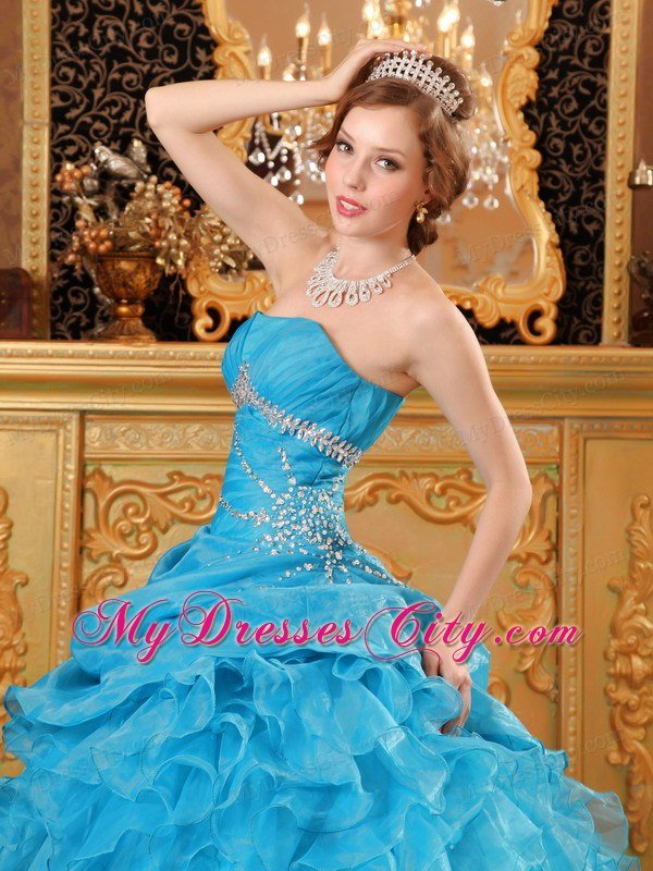 Teal Puffy Tie back Strapless Beading Ruffles Quinceanera Dresses