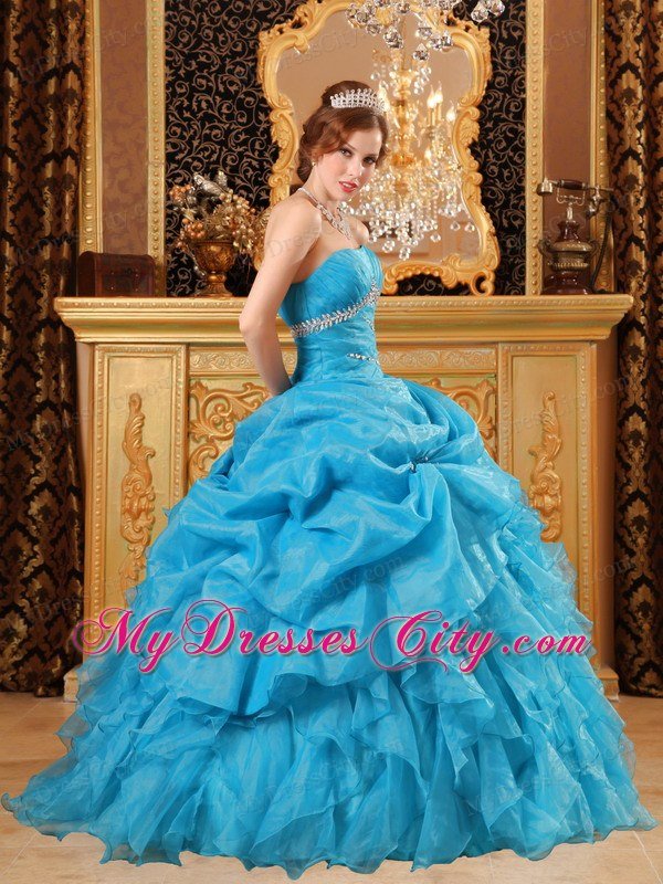 Teal Puffy Tie back Strapless Beading Ruffles Quinceanera Dresses