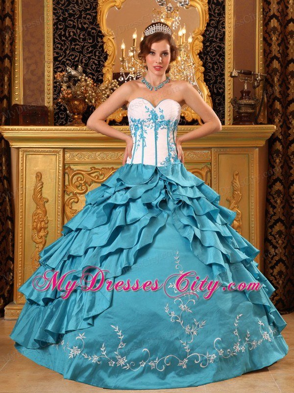 Turquoise Sweetheart Ruffles Layers Embroidery Quinceanera Gowns