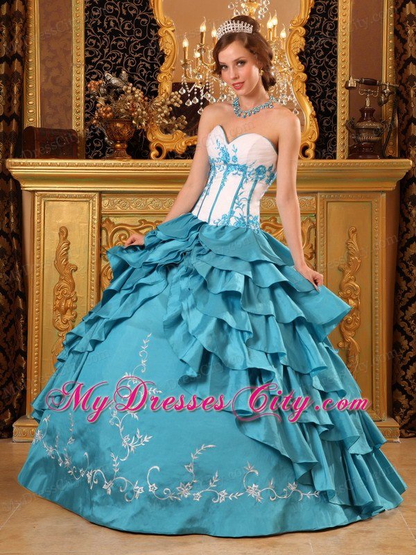 Turquoise Sweetheart Ruffles Layers Embroidery Quinceanera Gowns