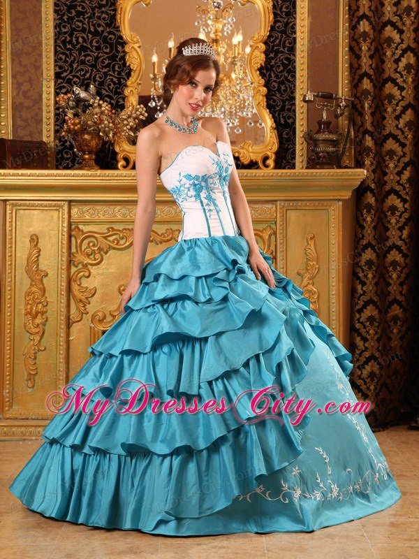 Turquoise Sweetheart Ruffles Layers Embroidery Quinceanera Gowns