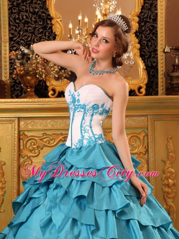 Turquoise Sweetheart Ruffles Layers Embroidery Quinceanera Gowns