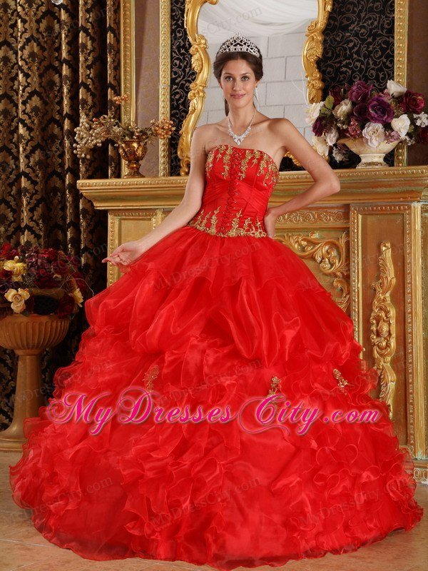 Red Ball Gown Strapless Appliques Ruffled Dress for Quinceanera